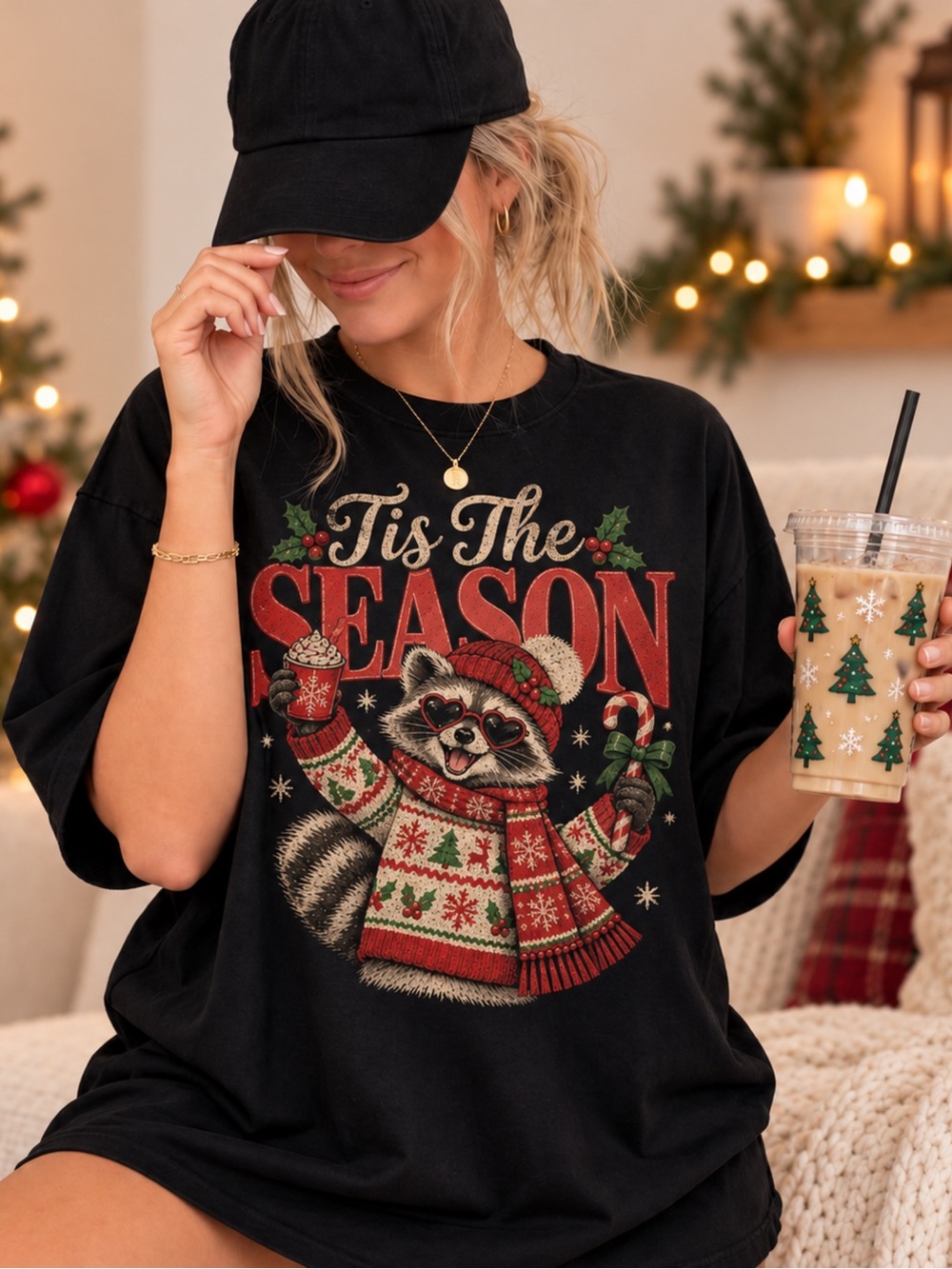 Funny Raccoon Tis The Season Comfort Colors 1717 T-Shirt Black Pepper NWT